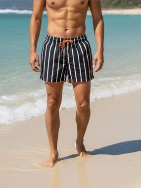 Jockey Endless Ocean Swim Trunks Black White Stripe Orange preppy Board Shorts